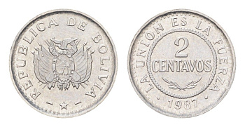 Боливия 2 сентаво 1987 год-тип KM 200 нержавеющая сталь UNC 4659-1247