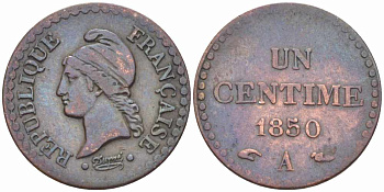 ФРАНЦИЯ 1 САНТИМ 1850 A, ВТОРАЯ РЕСПУБЛИКА (1848-1852) KM 754, LE FRANC 101.5 бронза 105-344