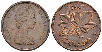 Канада 1 цент 1974 Елизавета II (1952-2022), кленовый лист KM 59.1 бронза 4609-138