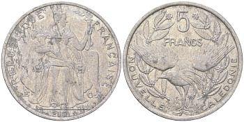 Французская Новая Каледония 5 франков 2001 птица кагу, (IEOM) KM 16, Schoen 12, Lec 81f алюминий 189-614