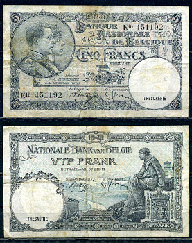 Бельгия 5 франков 1938 29.04.1938, Король Альберт I и его жена Королева Елизавета, Гран-Плас / Гроте Маркт, Брюссель Pick 108 a бумага 6301-25-3-2