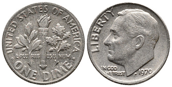 США 10 ЦЕНТОВ = 1 ДАЙМ 1970 РУЗВЕЛЬТ KM 195а медь плакированная медно-никелем 73-219