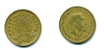 Испания 1 песета 1966 (74) Франсиско Франко (1939-1975) KM 796 алюминиевая бронза 54-318