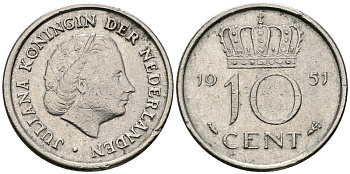 Нидерланды 10 центов 1951 Юлиана (1949-1980) KM 182 никель 96-468