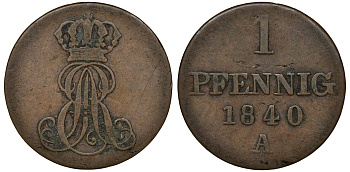 Ганновер 1 пфенниг 1840 A, Эрнст Август (1837-1851) KM 173.1, AKS 126, J. 54 медь 72-1042