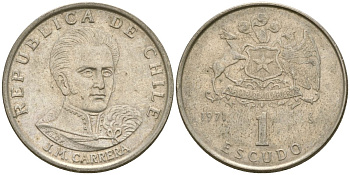 Чили 1 эскудо 1971 Хосе Мигель Каррера KM 197 медно-никель 4174-434