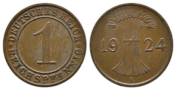 ГЕРМАНИЯ 1 РЕЙХСПФЕННИГ 1924 А KM 37, J.313 бронза 4380-1056