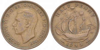 Великобритания 1/2 пенни 1945 Георг VI (1936-1952) KM 844, Spink 4115 бронза 212-1222