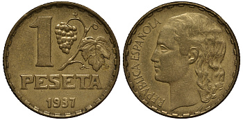ИСПАНИЯ 1 ПЕСЕТА 1937 ВТОРАЯ РЕСПУБЛИКА (1931-1939) KM 755 латунь 113-352