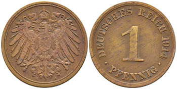 ГЕРМАНИЯ 1 ПФЕННИГ 1914 A KM 10, J. 10, Weege 2 медь 206-441
