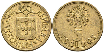Португалия 5 эскудо 1996 KM 632 никель латунь 4573-1011
