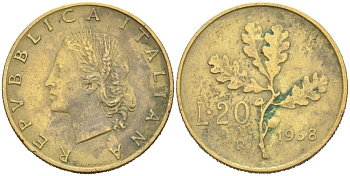 Италия 20 лир 1958 R, дубовая ветвь KM 97 алюминиевая бронза 4567-342