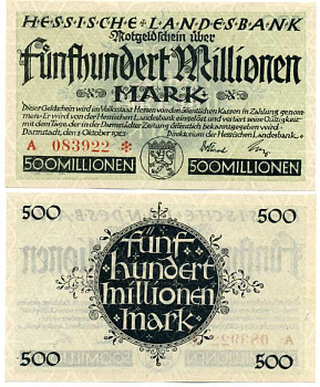 Германия, Дармштадт 500000000 марок (500 миллионов) 1923 1 октября 1923, нотгельд, земля Гессен, серия А, номер, снежинка, Hessesche Landesbank Keller 956е  бумага  UNC (пресс) 8613-20-1-2