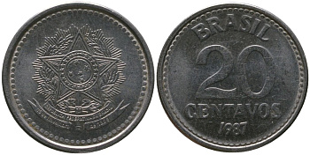 Бразилия 20 сентаво 1987 герб KM 603, Schon 112 нержавеющая сталь UNC 4567-961