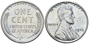 США 1 цент 1943 Авраам Линкольн KM 132 a сталь покрытая цинком aUNC 112-912