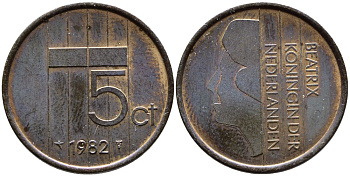 Нидерланды 5 центов 1982 Беатрикс (1980-2013) KM 202 бронза 4391-1251