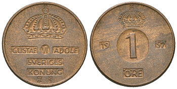 Швеция 1 эре 1957 TS, Густав VI Адольф (1950-1973) KM 820 бронза 218-1234