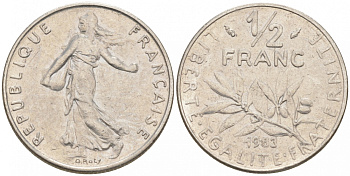 ФРАНЦИЯ 1/2 ФРАНКА 1983 KM 931.1 никель 187-128