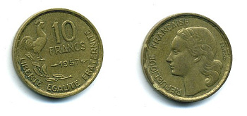 ФРАНЦИЯ 10 ФРАНКОВ 1957 KM 915.1, LE FRANC 363.13 алюминиевая бронза 46-437