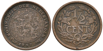 Нидерланды 1/2 цента 1917 Вильгельмина (1890-1948) KM 138 бронза 4576-413