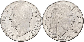 ИТАЛИЯ 20 ЧЕНТЕЗИМО 1941 R, ГОД XIX, ВИКТОР ЭММАНУИЛ III (1900-1946) KM 75b, VEM3. 1028 нержавеющая сталь 3853-916
