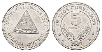 Никарагуа 5 кордоб 2007 KM 90a сталь плакированная никелем 4646-216