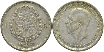 Швеция 1 крона 1942 G, Густав V (1907-1950) KM 814 серебро 202-524