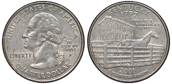 США 25 центов = квотер 2001 Р, серия штаты США, Кентукки KM 322 медь плакированная медно-никелем 4539-346