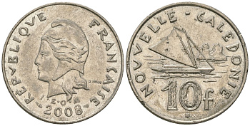 Французская Новая Каледония 10 франков 2008 рыбачья парусная лодка, (IEOM) KM 11a, Schoen 13a, Lec 99k медно-никель 60-551