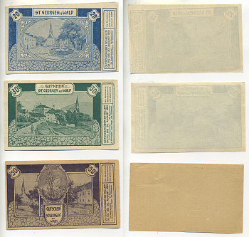Австрия набор из 3 банкнот 1921 30 августа 1921, нотгельд, 20, 30, 50 геллеров, ST. GEORGEN am WALD   бумага  XF 7555-3-4-2
