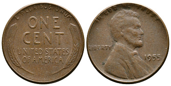 США 1 ЦЕНТ 1955 ЛИНКОЛЬН KM А132 медь цинк 08-1156