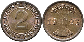 ГЕРМАНИЯ 2 РЕНТЕНПФЕННИГА 1923 F, ВЕЙМАРСКАЯ РЕСПУБЛИКА (1919-1933) KM 31, Jager 307, Weege 3 бронза aUNC 4546-821