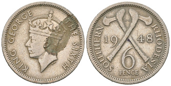 Южная Родезия 6 пенсов 1948 Георг VI (1936-1952) KM 21 медно-никель 4617-134