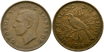 Новая Зеландия 1 пенни 1944 Георг VI (1936-1952), новозеландский туи KM 13 бронза 4165-1233