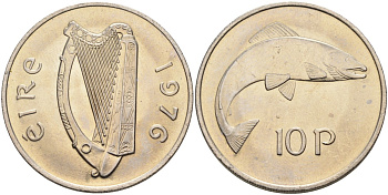 Ирландия 10 пенсов 1976 лосось KM 23 медно-никель UNC 4583-343