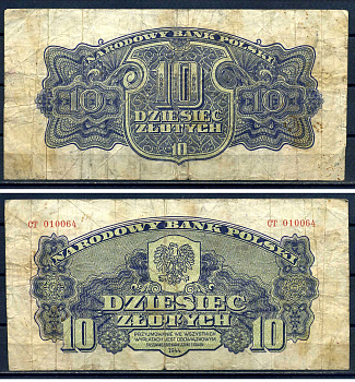 Польша 10 злотых 1944 Pick 110 бумага 8518-3-2-2