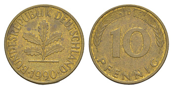 ФРГ 10 пфеннигов 1990 D KM 108, J. 383 сталь плакированная латунью 4627-124