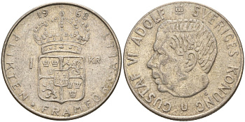 Швеция 1 крона 1968 U, Густав VI Адольф (1950-1973) KM 826 серебро 4150-237
