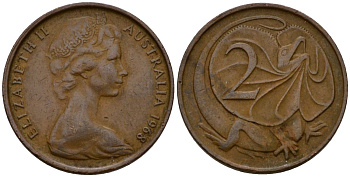 Австралия 2 цента 1968 Елизавета II (1953-), молодой портрерт, плащеносная ящерица KM 63 бронза 4601-742