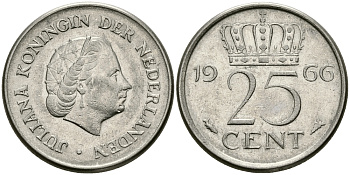 Нидерланды 25 центов 1966 Юлиана (1949-1980) KM 183 никель 96-163