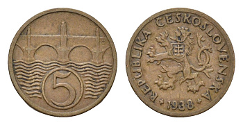 Чехословакия 5 геллеров 1938 KM 6 бронза 4643-1024
