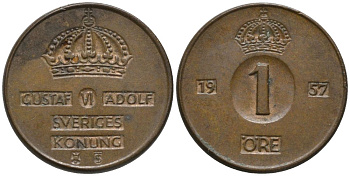 Швеция 1 эре 1957 TS, Густав VI Адольф (1950-1973) KM 820 бронза 54-1112