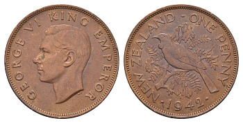 Новая Зеландия 1 пенни 1942 Георг VI (1936-1952), новозеландский туи KM 13 бронза 4661-212