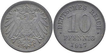 ГЕРМАНИЯ 10 ПФЕННИНГОВ 1917 KM 26, J.299, Weege 8 цинк 202-157