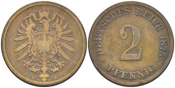 ГЕРМАНИЯ 2 ПФЕННИГА 1875 E, СТАРОГЕРБОВКА KM 2, J. 2, Weege 3 медь 212-514