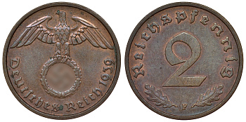 Германия 2 рейхспфеннига 1939 F KM 38, J. 362 алюминиевая бронза 4121-636
