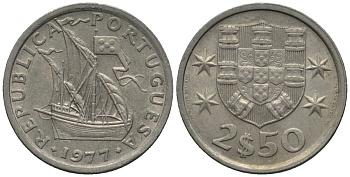 Португалия 2,5 эскудо 1977 парусник KM 590 медно-никель 4576-1269
