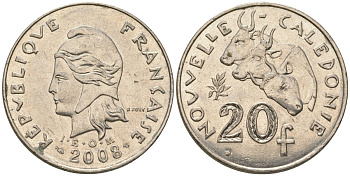 Французская Новая Каледония 20 франков 2008 три быка, (IEOM) KM 12a, Schoen 14a, Lec 115j медно-никель 81-1213