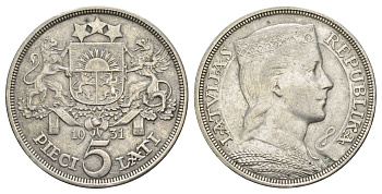 Латвия 5 латов 1931 девушка KM 9 серебро 443-1111