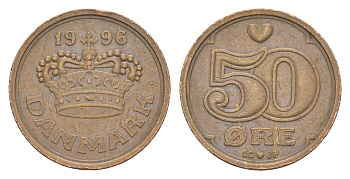 Дания 50 эре 1996 S; B, Маргрете II (1972-2024 ) KM 866 бронза 4514-437